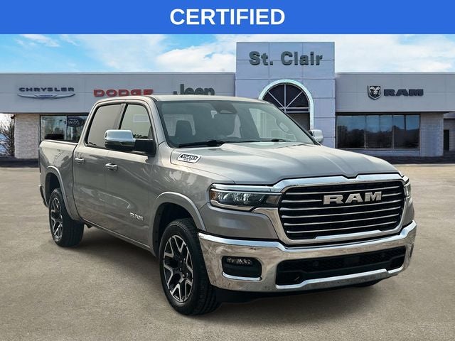 2025 RAM 1500 Laramie Crew Cab 4x4 5'7' Box in Billet Silver Metallic Clearcoat — front three-quarter view